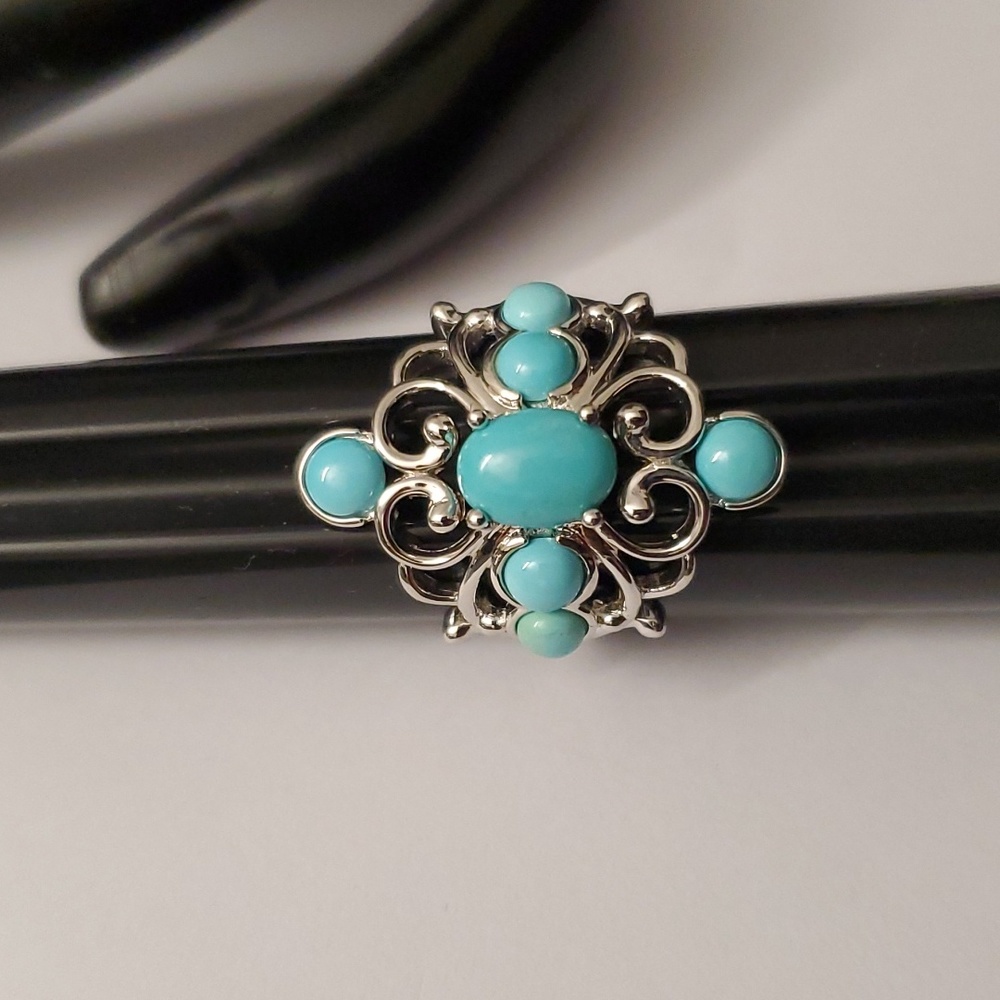 Sterling Silver 925 Turquoise Floral Art Deco Ring
